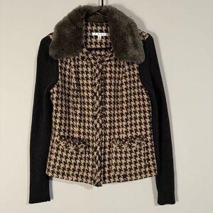 CAbi Houndstooth Zipper Jacket Faux Fur Detachable Collar 4